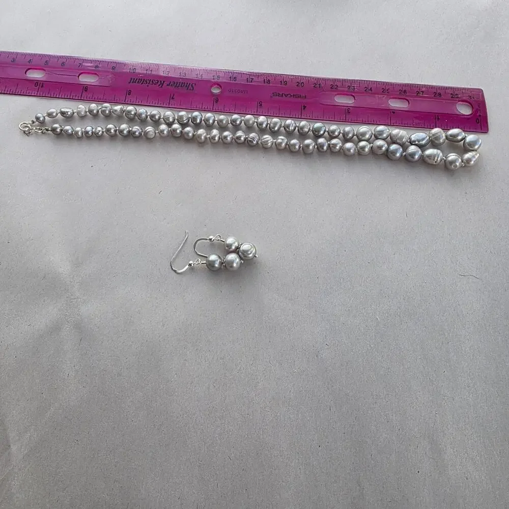 Light Gray Pearl Necklace Earrings Set Sterling‎ Silver 925 Stamped Clasp Beaded
